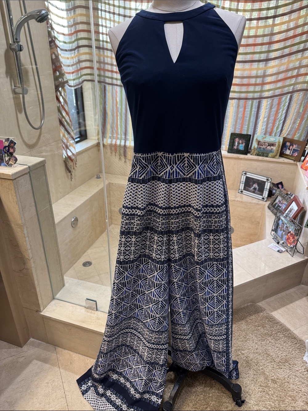 Navy Sleeveless Jumpsuit with Geometric Print